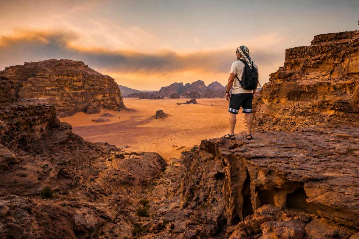 Muhammad Yaseen Wadi Rum Лицензированный гид в Иордании Мухаммад Ясин на вершине скалы в пустыне Вади-Рам во время индивидуальной авторской экскурсии.